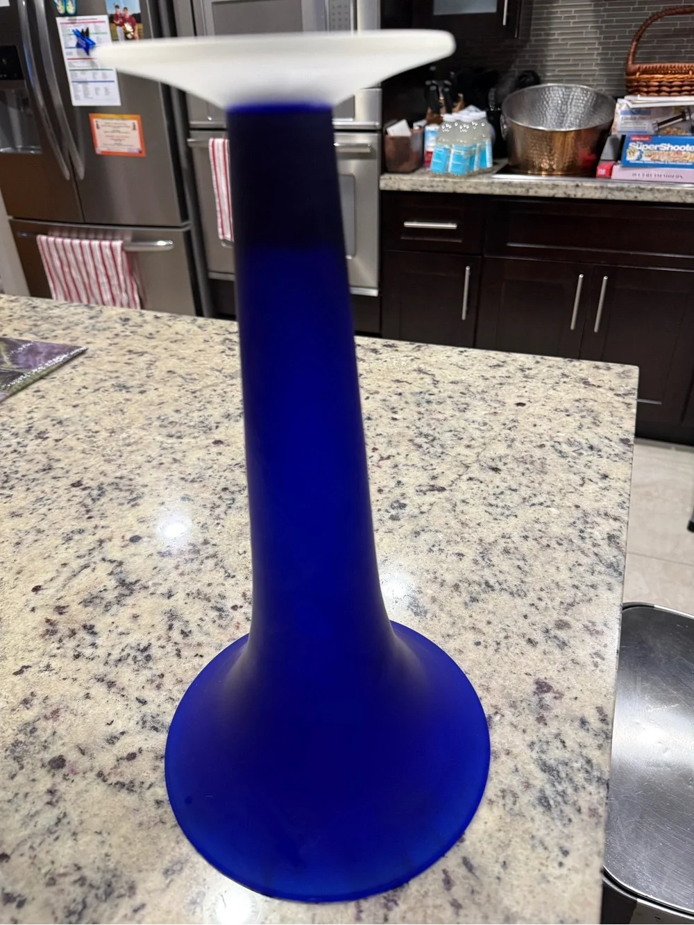 Vintage MCM 15” Hand Blown Cobalt Blue Trumpet Vase Frosted Satin Glass Base